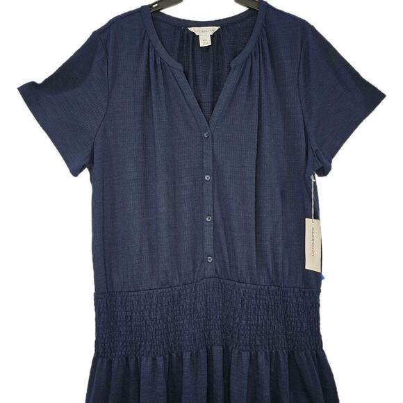 Liz Claiborne Navy Blue Smocked Waist Button Front Midi Sundress Casual XXL - Picture 3 of 11